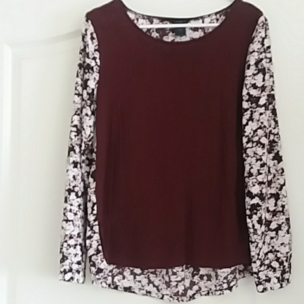 Ann Taylor Factory Maroon Floral Abstract Long Sleeve Top Small S Retro Blouse